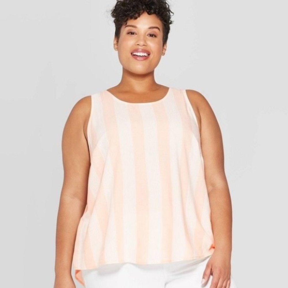 Ava & Viv Pink & White Scoop Neck Striped Button Back Tank Top